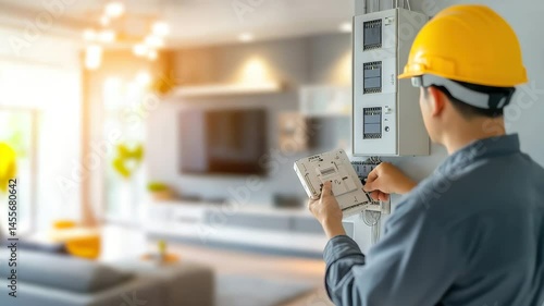 An electrician installs a control panel in a stylish living room for proper setup