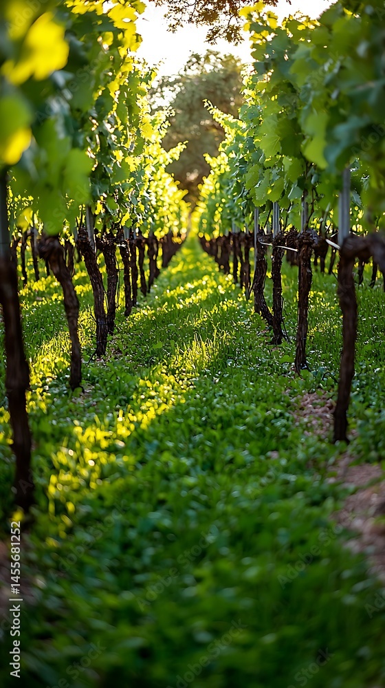 Fototapeta premium Vineyard Rows Bathed in Golden Sunlight