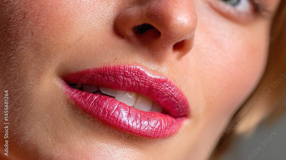 Naklejka premium Macro closeup of lips with matte lipstick beauty studio photography soft lighting eye-level texture focus