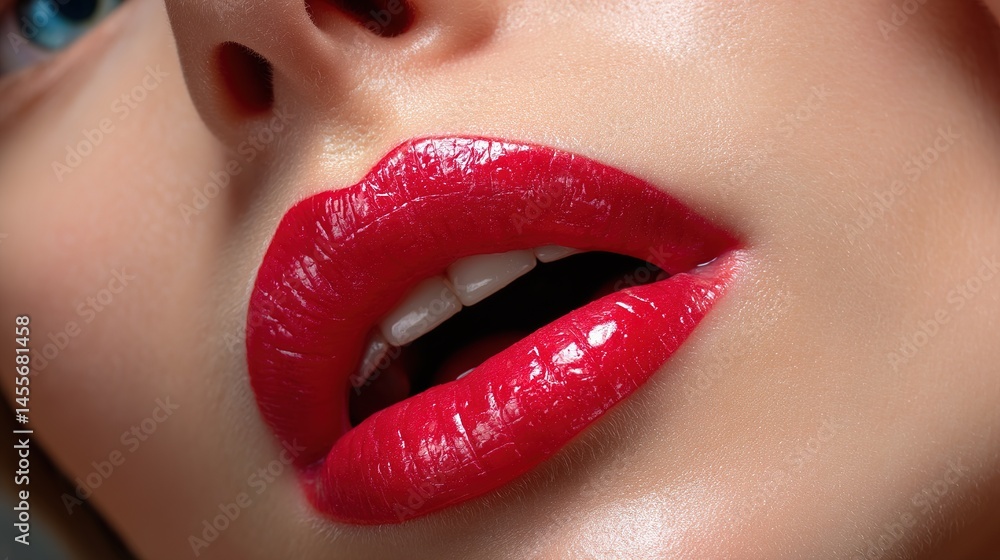 Obraz premium Glamorous macro shot of glossy lips with lipstick studio setting high-definition photography close-up view