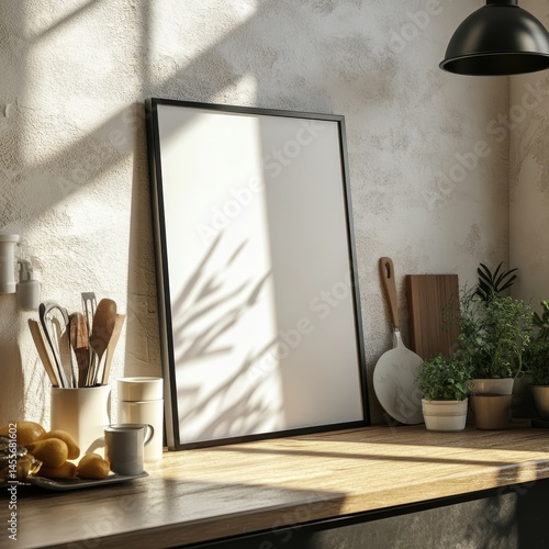 Natural Light Illuminates an Empty Frame on a Wooden Table Next to a Plant and Kitchen Jars in a Cozy Interior at Midday