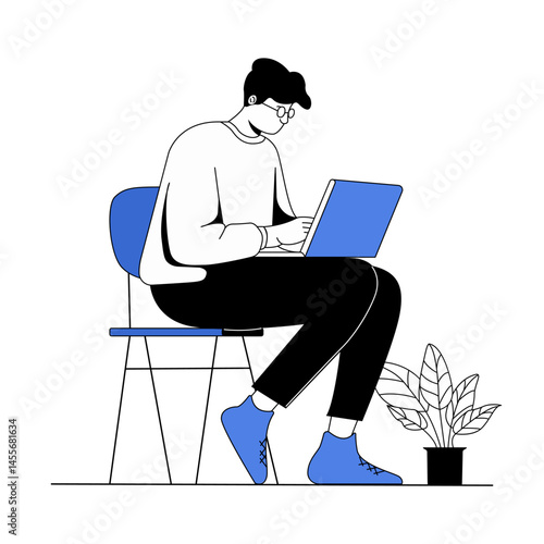 Man Laptop Computer Work Freelance Remote Office Desk Technology Workspace Typing Character Digital Modern Gadget Flat design, modern man working on laptop in cozy minimal setup with houseplant