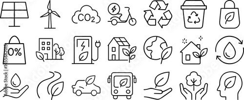 Green City Line Editable Icons Set – Vector Illustration in Modern Thin Line Style Featuring Eco Concepts like CO₂ Neutrality, Green Energy, Recycling, and Sustainable Living