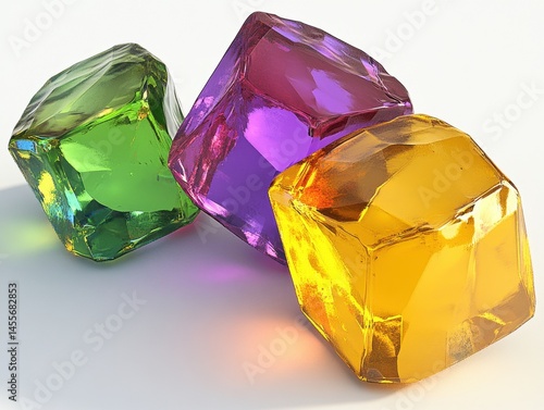 Colorful glass cubes reflecting light on a white surface creating a bright and vibrant display of colors
