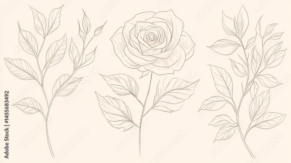 Floral Line Art Collection Featuring Various Leaves and Roses on a Light Background Highlighting Elegance and Simplicity in Design Floral Line Art Collection Featuring Various Leaves and Roses on a Light Background Highlighting Elegance and Simplicity in Design
