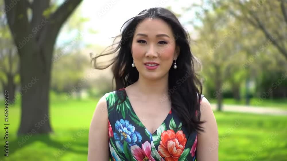Woman poses outdoors in floral dress Woman poses outdoors in floral dress