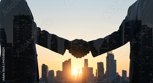 Business handshake with city skyline at sunset