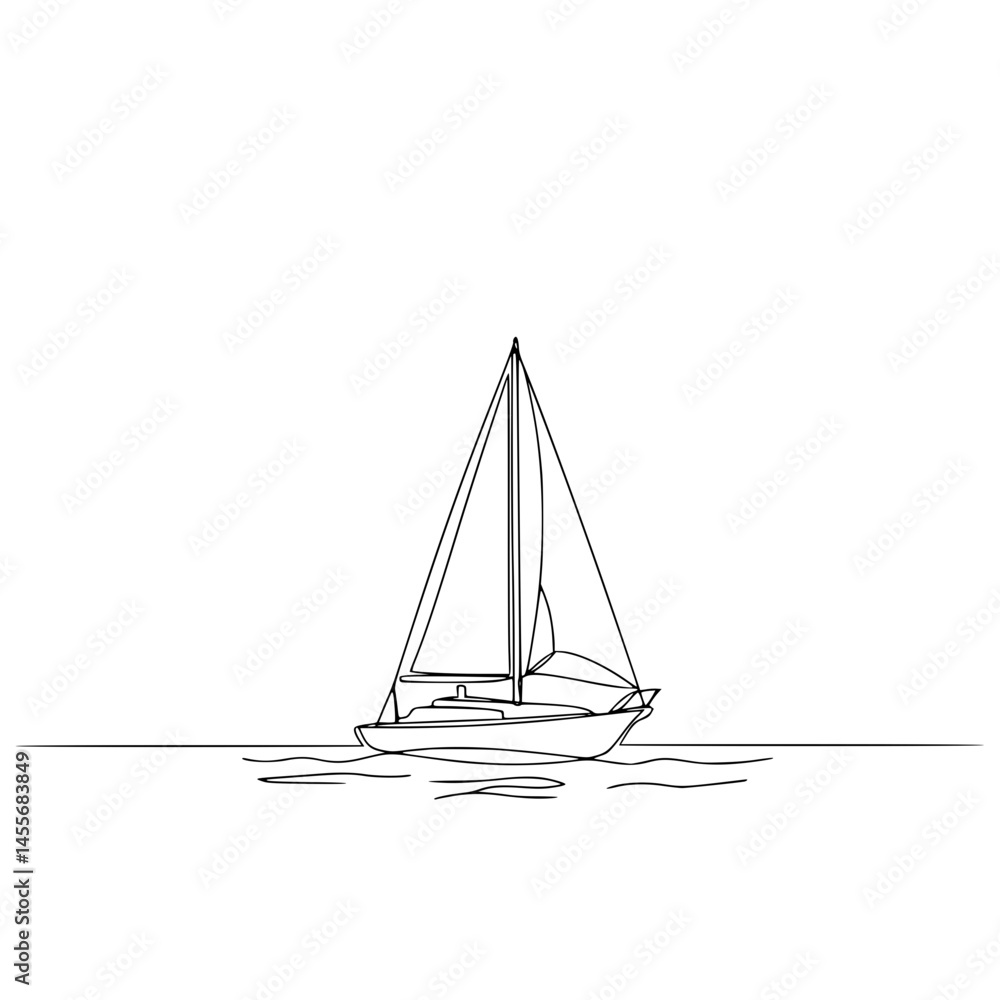 Minimalist sail boat sailing on calm waters in continuous line art vector style. Hobby, vacations, romantic date. Traveling and summer season concept Minimalist sail boat sailing on calm waters in continuous line art vector style. Hobby, vacations, romantic date. Traveling and summer season concept