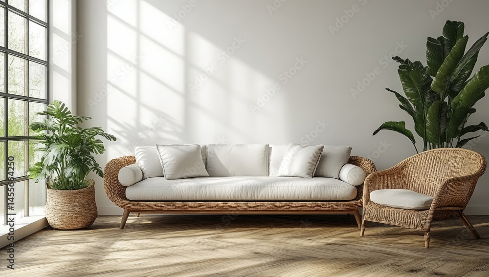 Fototapeta premium Modern, light-filled living room interior scene.