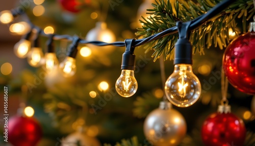 a festive close up of christmas lighting decorations, featuring led decorative light bulbs strung across a twinkling christmas tree