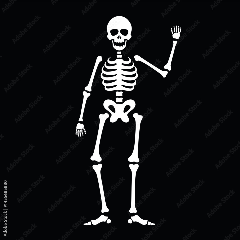 Fototapeta premium Funny skeleton waves cheerfully against a black background, perfect for Halloween decorations and themes