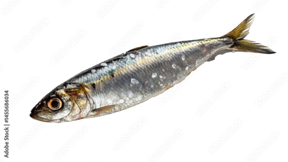 Fresh sardine with shiny scales and small size is displayed against transparency background, showcasing its natural texture and detail Fresh sardine with shiny scales and small size is displayed against transparency background, showcasing its natural texture and detail