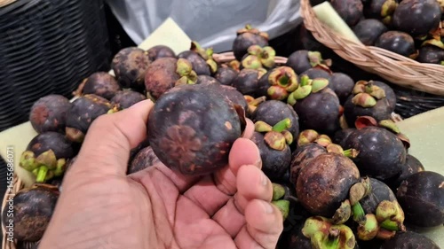 Hand holding fresh ripe mangosteen fruit with green calyx, tropical fruit in basket at local market.

