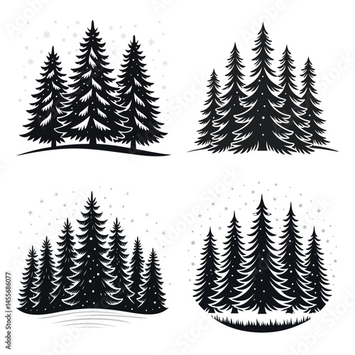 Snowy Pine Tree Silhouette Set with Falling Snowflakes in Winter Forest Scene for Seasonal Design and Decoration