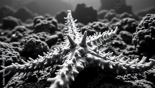 a black and white abstract close up of a crown of thorns seastar (starfish) underwater in hawaii
