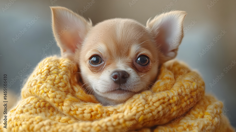 Small chihuahua puppy wrapped in a soft blanket indoors Small chihuahua puppy wrapped in a soft blanket indoors