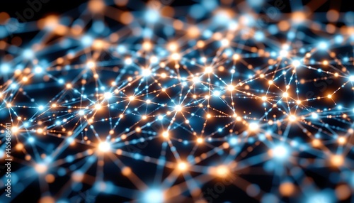 a stock photo of an intricate web of glowing connections resembling a neural network, emerging against a dark background