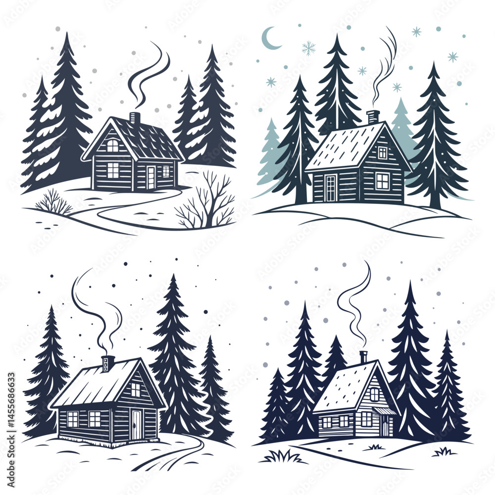 Fototapeta premium Cozy Wooden Cabin in Snowy Pine Forest with Smoke from Chimney and Winter Scenery in Hand Drawn Style