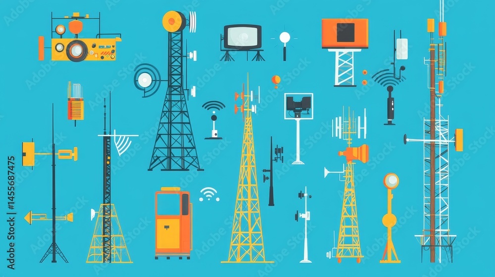 Obraz premium Illustration Showcasing Various Telecommunications and Energy Infrastructure Elements With a Modern Design in a Digital Landscape