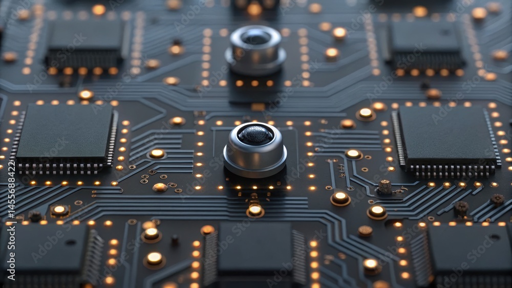 Close-up of a circuit board featuring microchips, intricate pathways, and electronic components, showcasing technology and design.