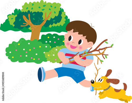 キャンプで薪を集める男の子と犬

