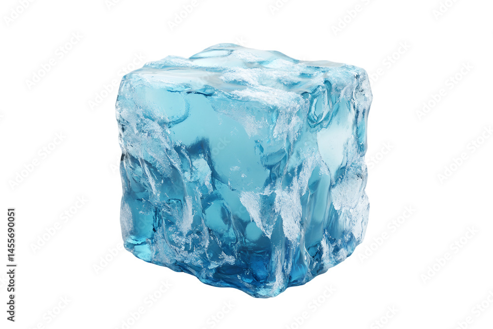 Fototapeta premium Translucent Light Blue Ice Cube with Frosty Texture, PNG