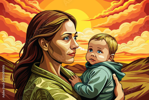 Mother holding infant baby in arms, capturing love, happiness vector, and strong family bond. Ideal for parenting, fatherhood, family lifestyle, and happy childhood themes