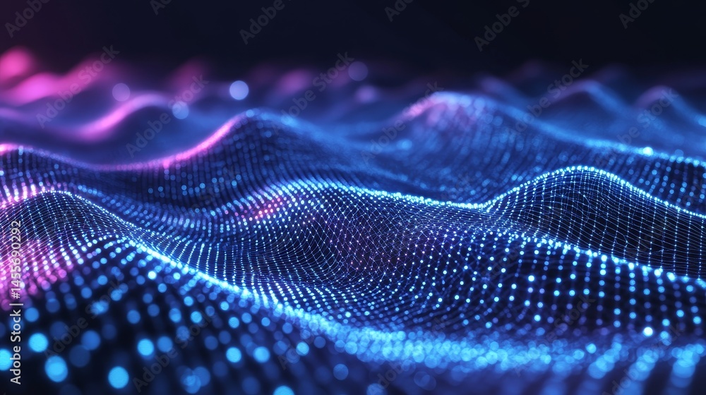 Digital Wave of Blue Light Particles Flows Through an Abstract Grid Space Showcasing Technology and Creativity Digital Wave of Blue Light Particles Flows Through an Abstract Grid Space Showcasing Technology and Creativity