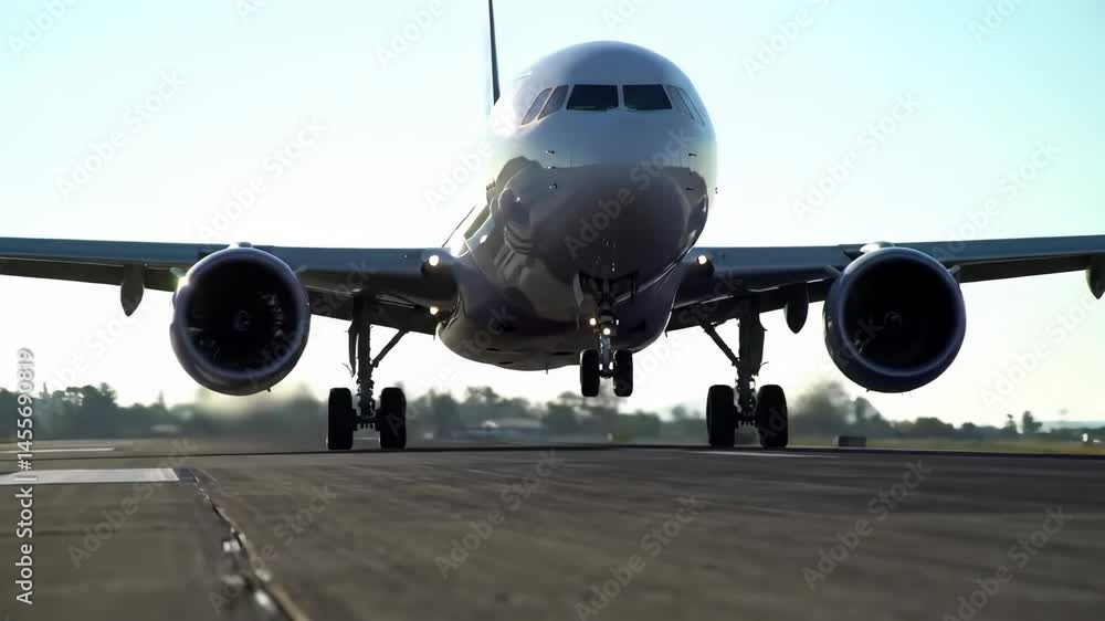 Front view of commercial airplane landing on runway under clear sky Front view of commercial airplane landing on runway under clear sky