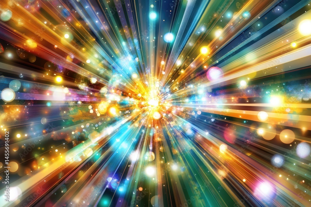 Abstract burst of vibrant colors, radiating outwards from a central point, filled with glowing particles and streaks of light Abstract burst of vibrant colors, radiating outwards from a central point, filled with glowing particles and streaks of light