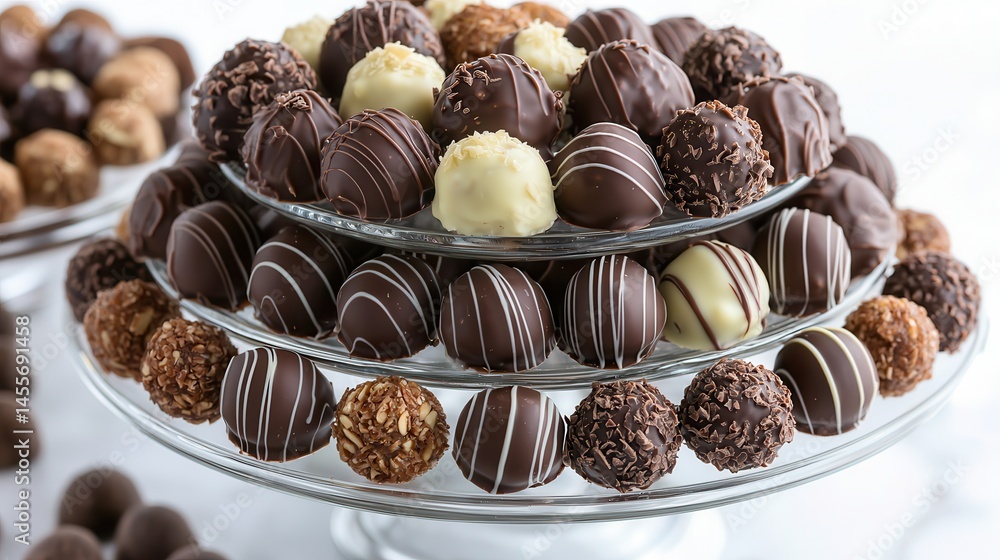 Chocolate almond truffle delight Decadent chocolate truffles arranged on a tiered stand. Chocolate almond truffle delight Decadent chocolate truffles arranged on a tiered stand.