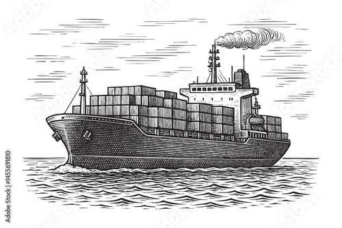 Container cargo ship woodcut engraving vector illustration