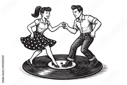 couple dancing on a vinyl record woodcut engraving vector illustration