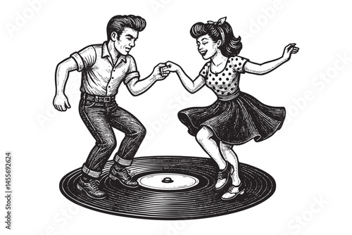 couple dancing on a vinyl record woodcut engraving vector illustration