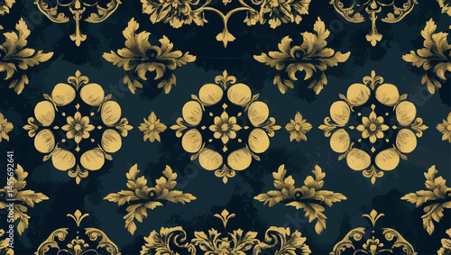 Medieval-inspired vintage background with dark tones and ornate golden patterns