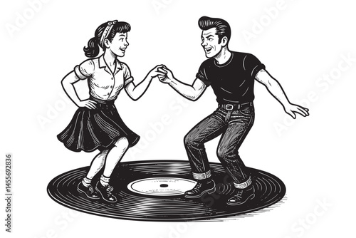 couple dancing on a vinyl record woodcut engraving vector illustration