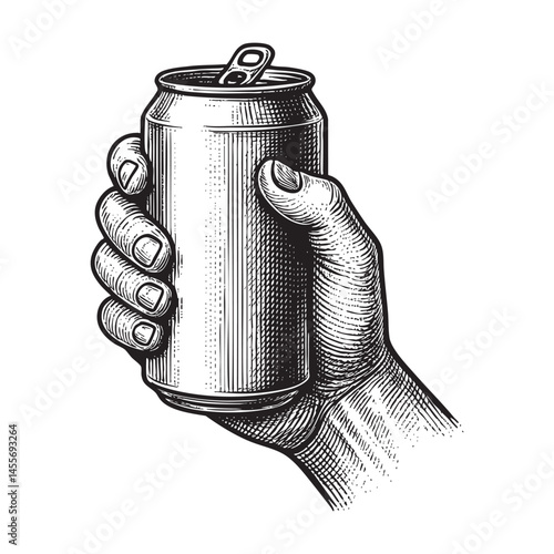 hand holding soda can woodcut engraving vector illustration