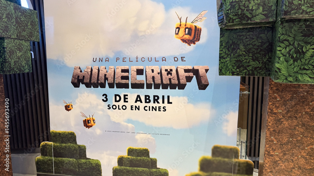 Fototapeta premium Guayaquil, Ecuador – April 3, 2025: Movie poster for the Minecraft film, part of the boom in adapting popular video games for the big screen to attract young audiences.