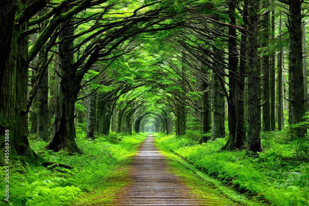 Obraz premium Lush forest path under towering trees