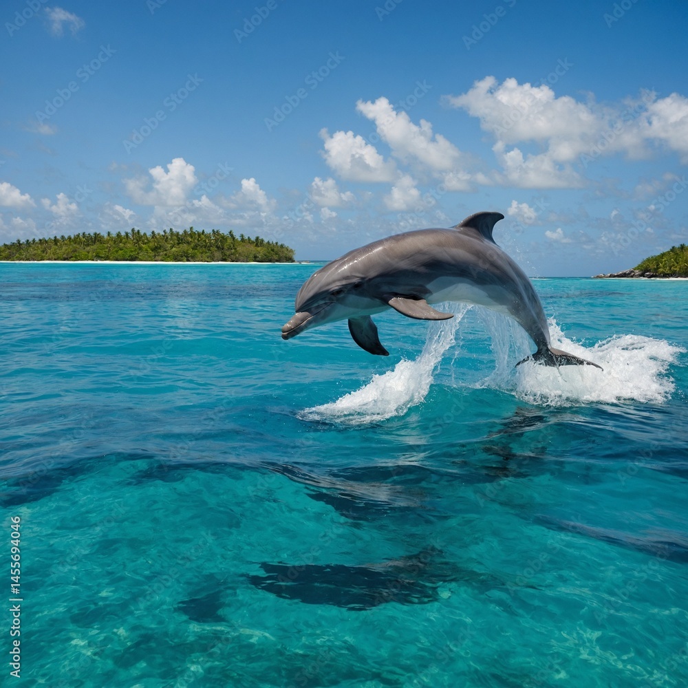Fototapeta premium A dolphin leaping above crystal-clear turquoise ocean waves with a tropical island in the background