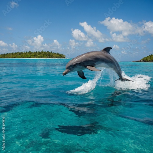 A dolphin leaping above crystal-clear turquoise ocean waves with a tropical island in the background


