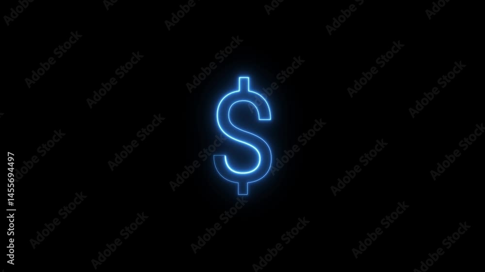 Glowing neon font USD dollar sign symbol animation on dark background. symbol of economy, financial Glowing neon font USD dollar sign symbol animation on dark background. symbol of economy, financial