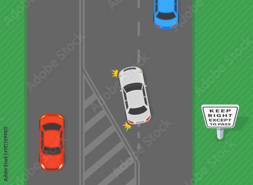 Traffic regulation rules and tips. "Keep right except to pass" sign area. Top view of a car beginning to overtake another vehicle on freeway. Flat vector illustration template.