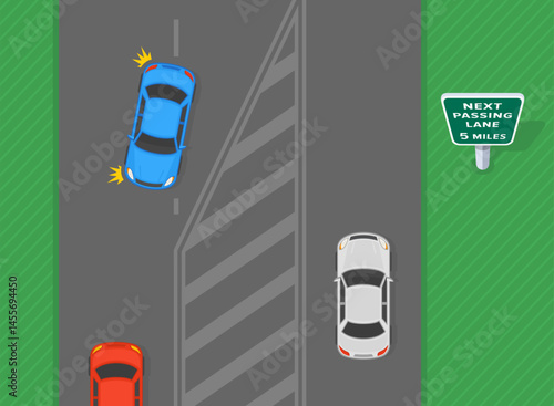 Traffic regulation rules and tips. Next passing lane 5 miles. Top view of a traffic flow on three lane freeway. Flat vector illustration template.