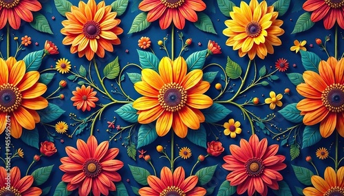 Intricate floral textile design, repeating seamlessly , surface, graphic, vintage