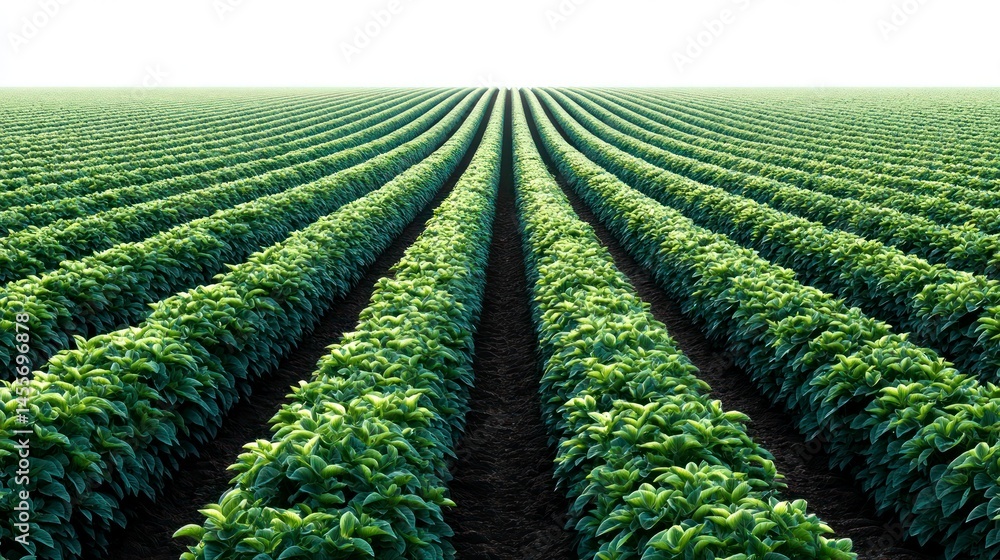 Fototapeta premium Vibrant Green Rows of Crops Stretching into the Horizon Ideal for Agriculture and Nature Theme