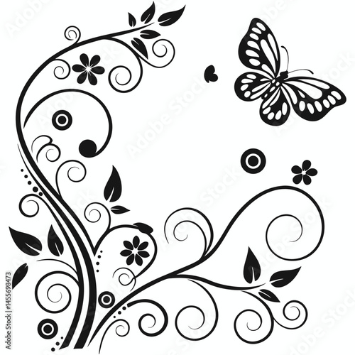 Intricate Black and White Floral and Butterfly Illustration with Flowing Vines