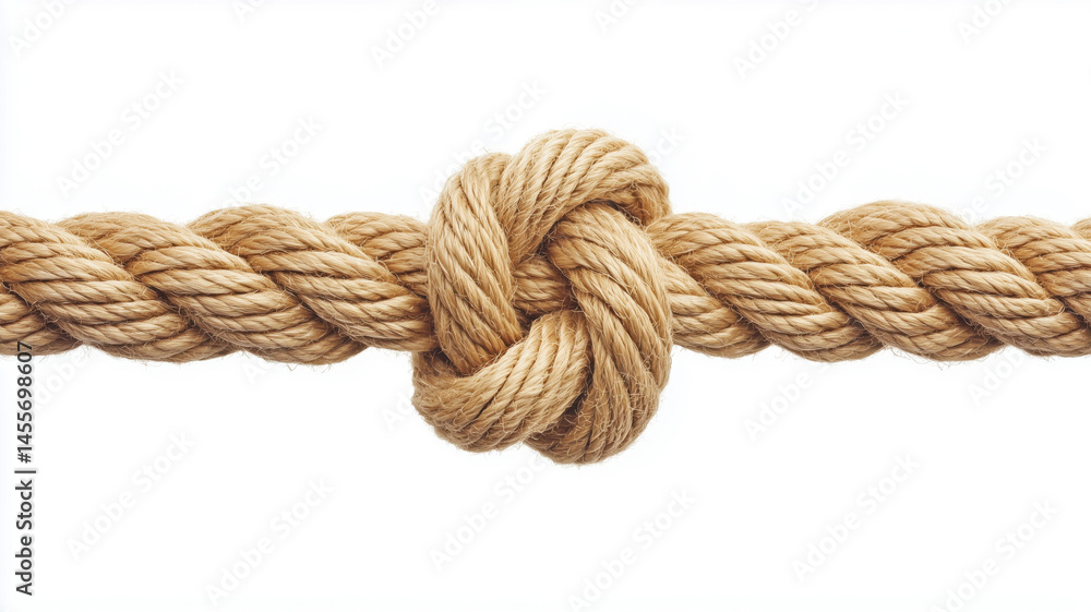 Close-up of a strong knot tied in natural jute rope against white background. Close-up of a strong knot tied in natural jute rope against white background.