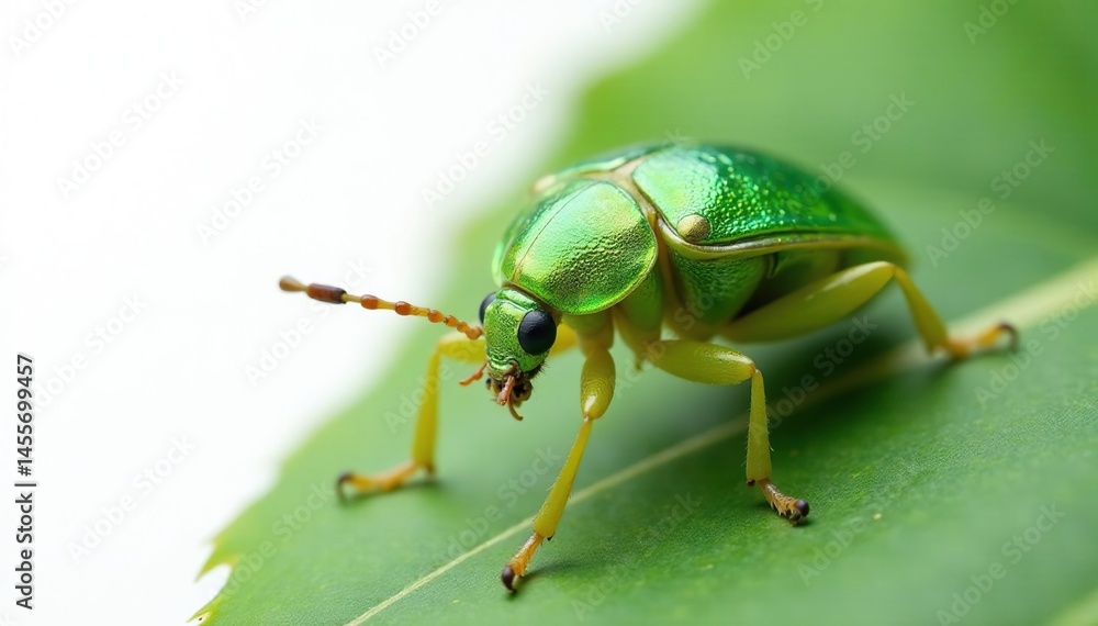 Fototapeta premium A vibrant green bug against a stark white backdrop, nature, isolated bug