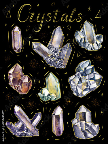 watercolor drawing card with druses of crystals, gemstones, and golden elements at black background, hand drawn illustration